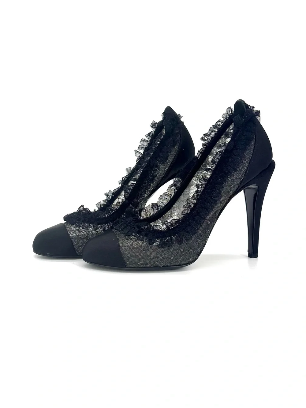 Chanel 2012 Lagerfeld CC Logo Black Ruffle Cap Toe Pumps 37.5